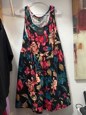 SHEIN Black Floral Tank Mini Dress with Pink & Teal Blooms
